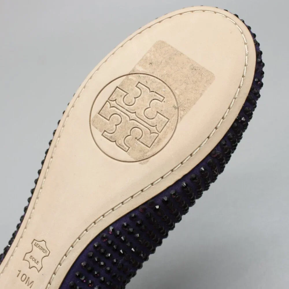 Tory Burch Ladies 10 Purple Suede Leather Crystals Strass Bow Ballet Shoes Flats - Picture 9 of 12